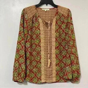 Daniel Rainn Womens S Red Brown Pattern Long Sleeve Boho Crochet Tassel Blouse